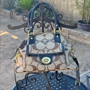 Coach Beige and Dark Brown Signature Canvas Satchel with Gold Hardware